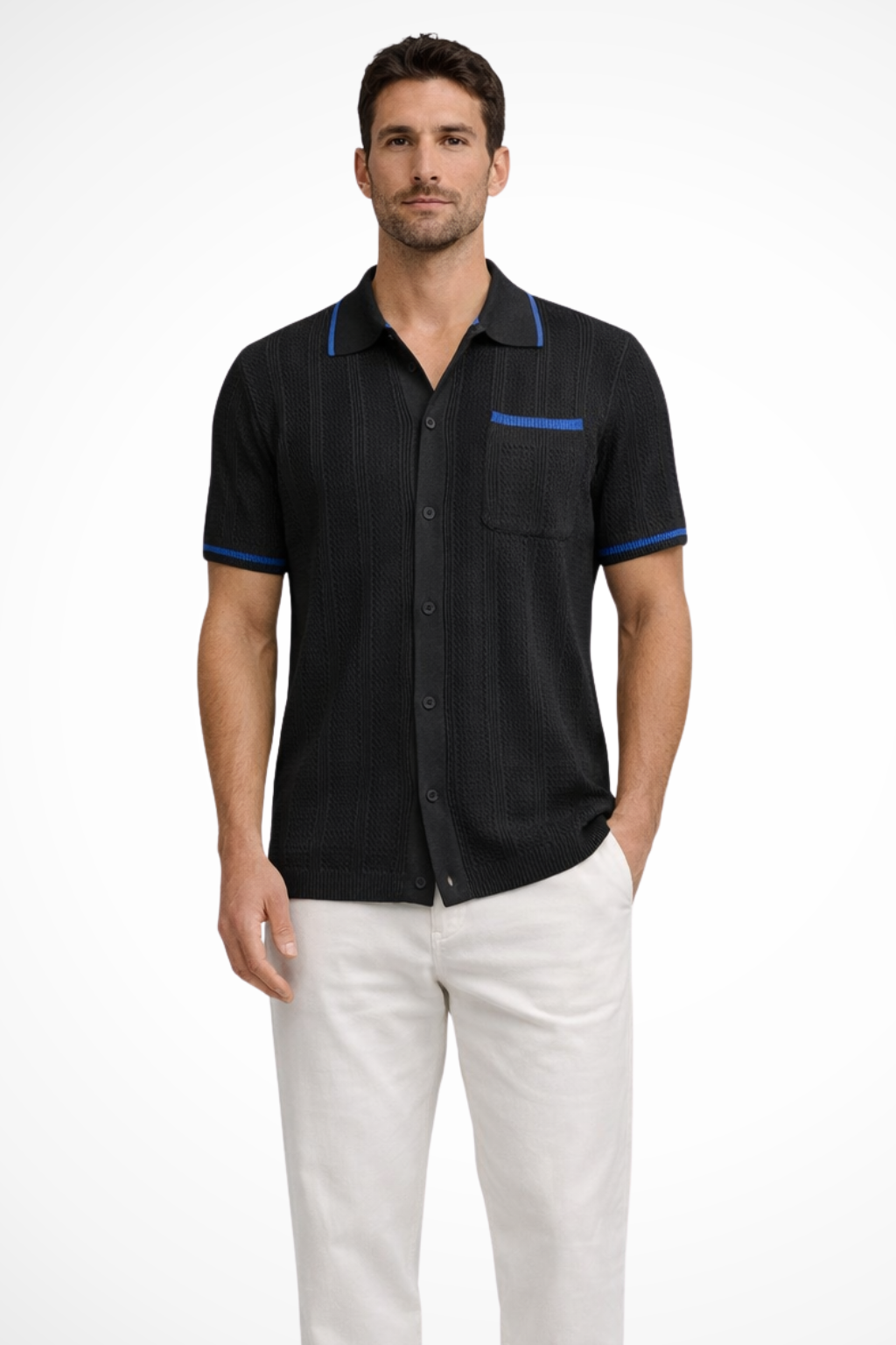 Men's casual short sleeve button-front shirt with camp collar & contrast trim. Easy summer style.