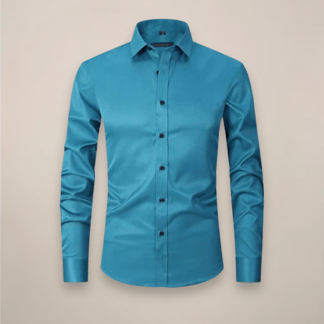 Blue men's stylish spring tailored shirt, modern fit for versatile office, casual, and everyday wear.
