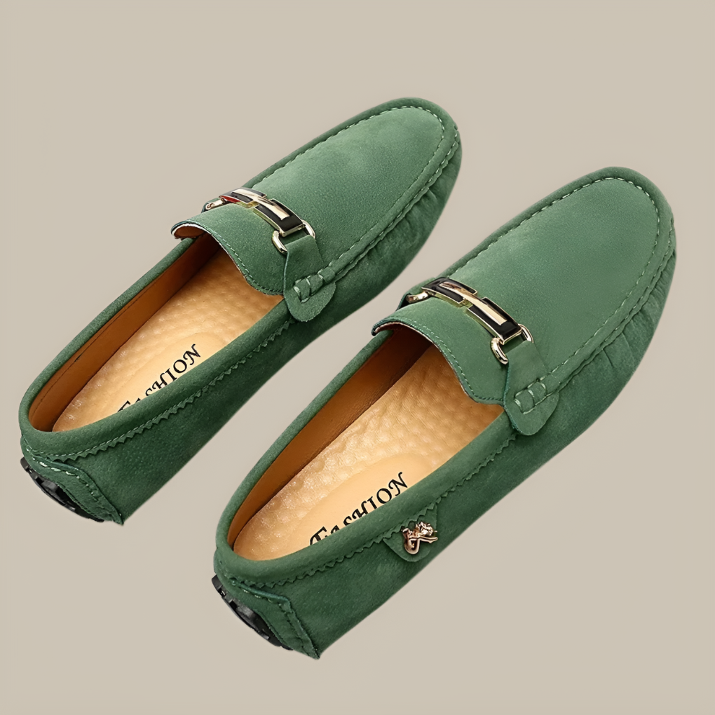 Luxurious men's suede moccasin shoes, easy slip-on style, ideal for versatile casual & formal outfits.