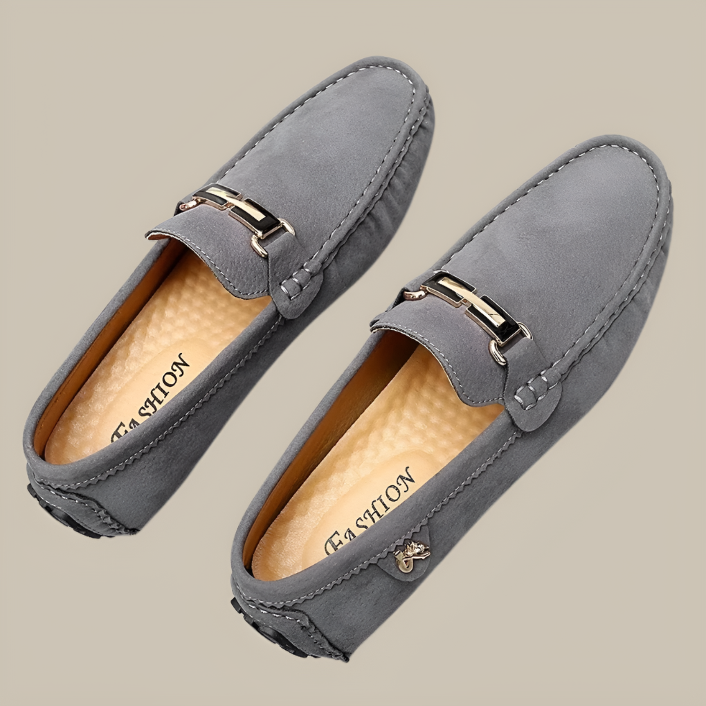 Comfortable men's suede slip-on shoes. Stylish and soft moccasin footwear for everyday and formal use.