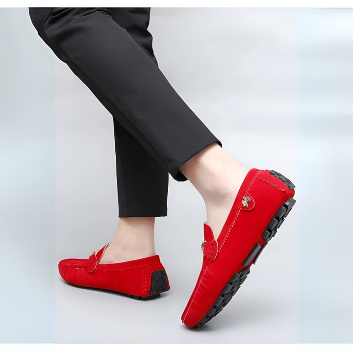 Close-up of men's premium suede slip-on moccasins, showcasing comfortable and stylish formal footwear.
