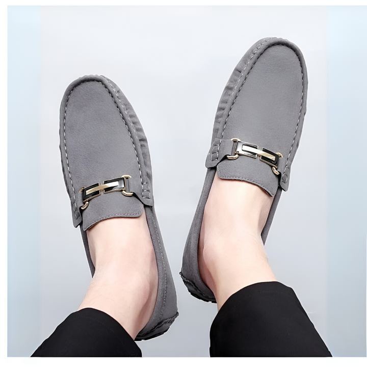 Versatile men's suede moccasin shoes; comfortable slip-on design for both casual and formal occasions.