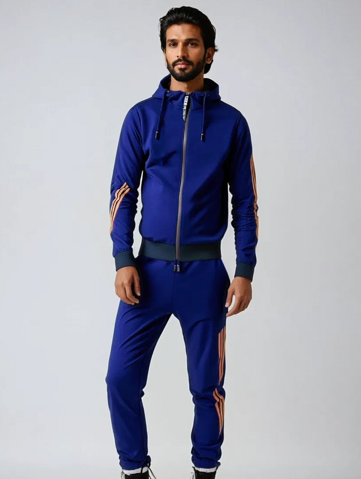 Men's stylish two-piece zip-up tracksuit with joggers, perfect for sporty or casual wear.