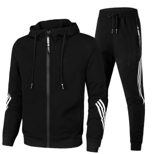 Fashionable men's two-piece tracksuit featuring a zip-up top & joggers, ideal for casual activewear.