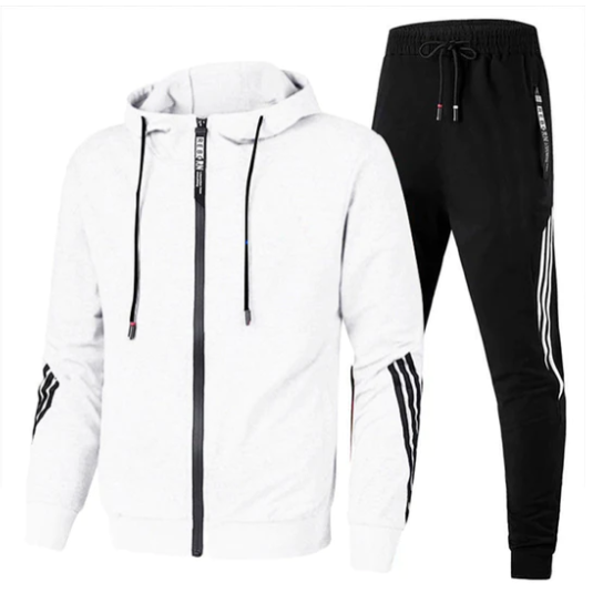 Modern men's zip-up tracksuit with a sporty hoodie and comfortable joggers, great for daily wear.