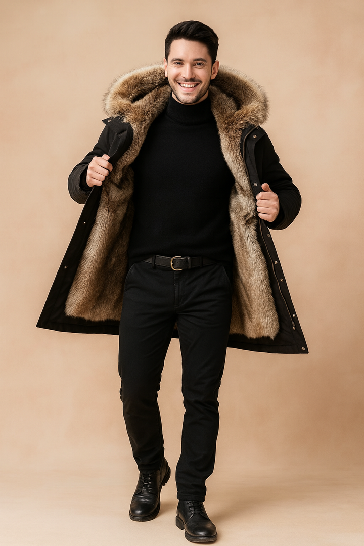 Men's stylish winter parka, a warm hooded jacket for cold weather, urban fashion, and outdoor wear.