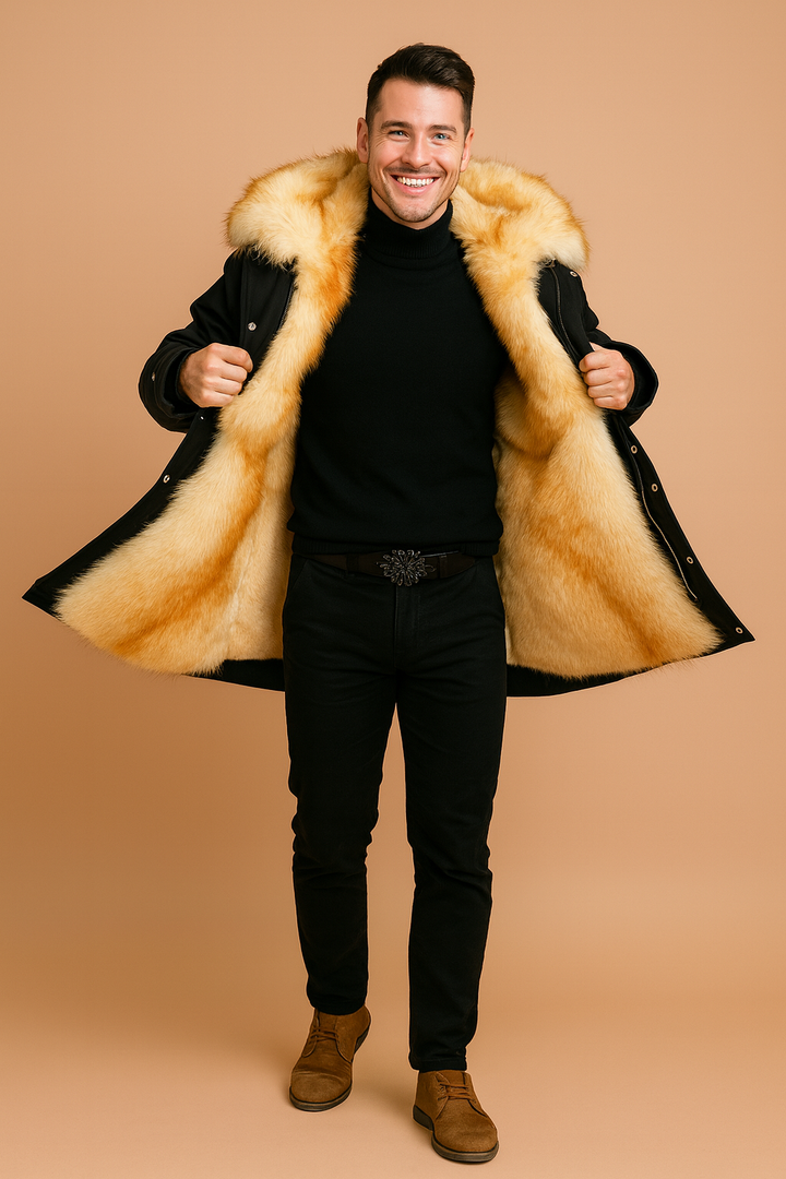 Insulated men's winter parka with hood, perfect warm outerwear for cold weather, style, and comfort.