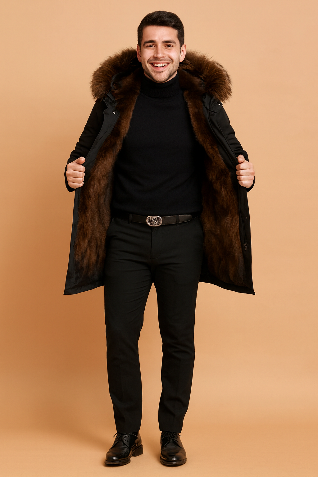 Premium men's winter parka, a hooded coat providing ultimate warmth and stylish protection in cold weather.