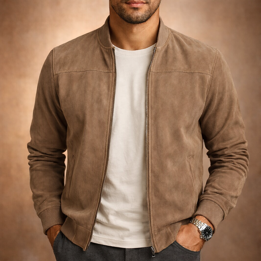 Men's suede-style bomber jacket, sleek & modern for smart casual everyday wear.