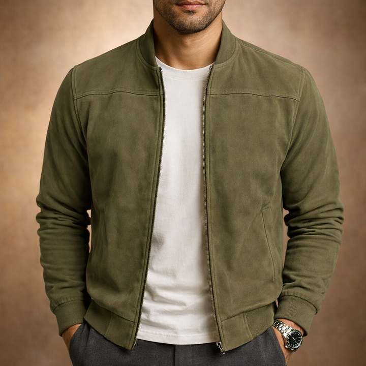 Versatile men's lightweight suede-style bomber jacket, perfect for all seasons & casual outerwear.