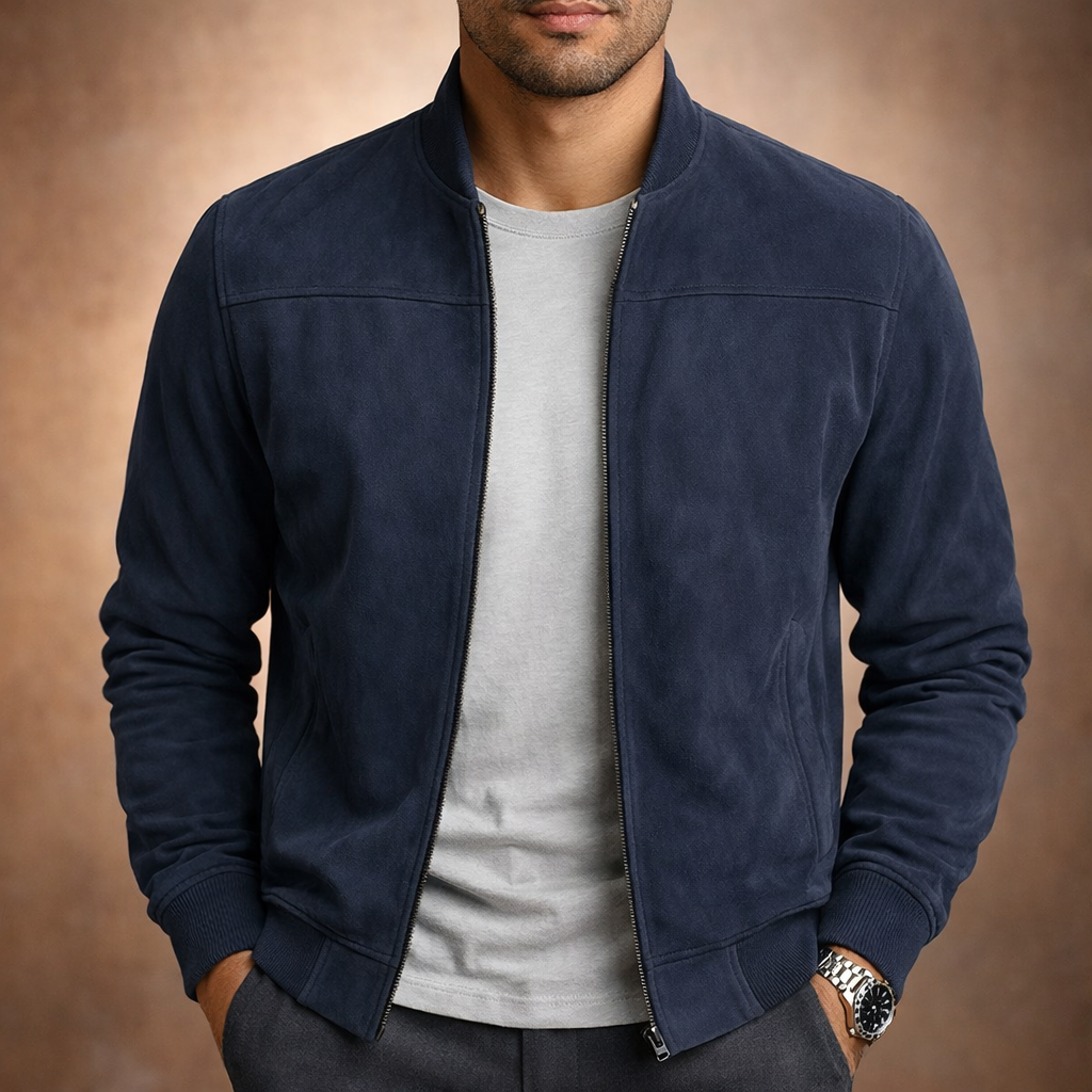 Effortlessly smart men's bomber jacket in suede-style fabric, a versatile addition to any modern wardrobe.
