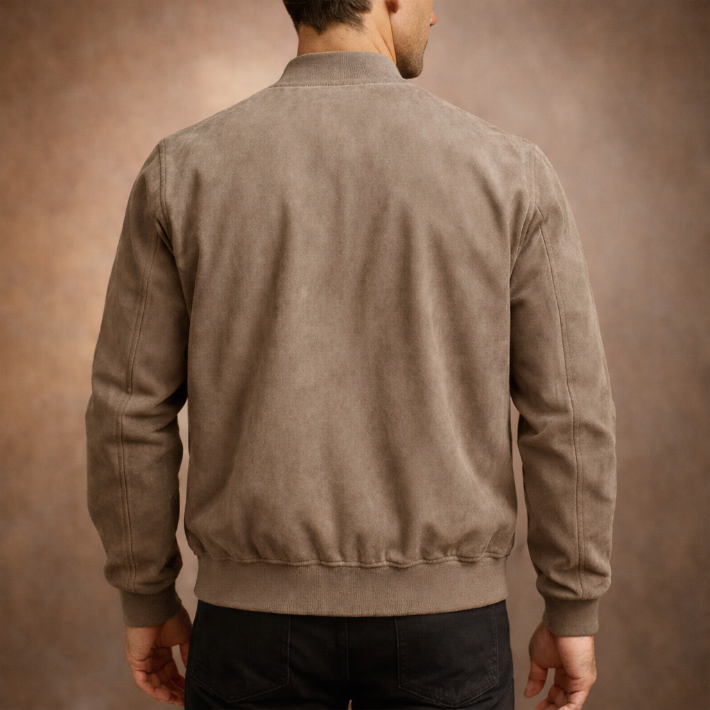 Stylish men's suede-style bomber jacket, lightweight & sleek, ideal for smart casual outfits and everyday fashion.