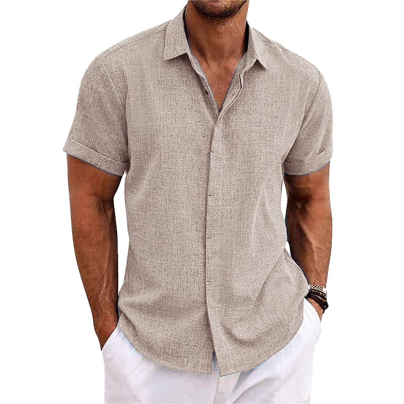 Casual men's short sleeve shirt, button front, designed for summer comfort and warm weather style.