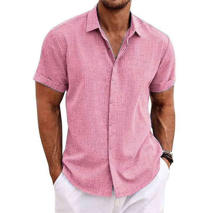 Men's summer fashion: short sleeve button front shirt with lapel collar for a trendy warm weather look.