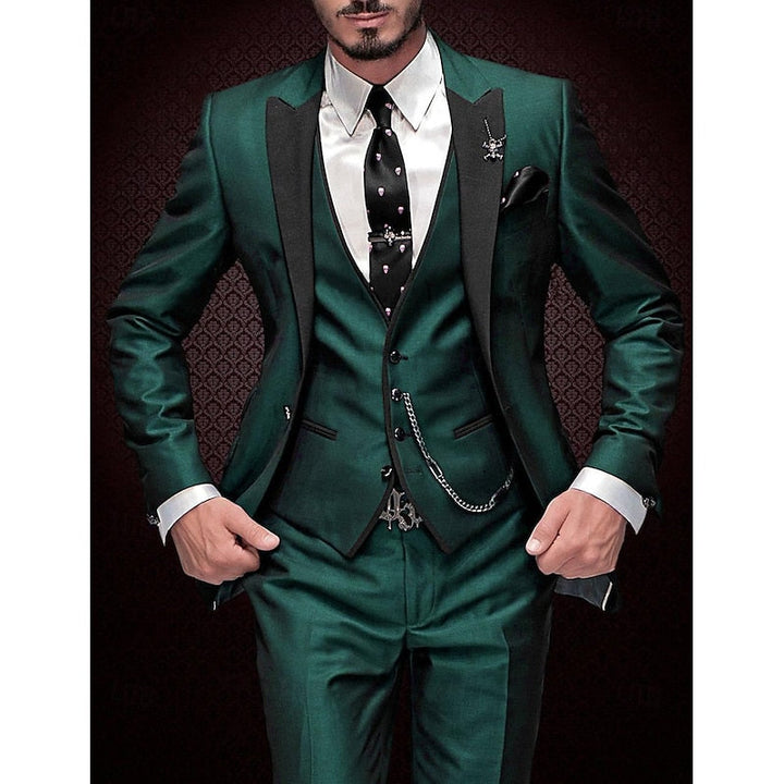 Detailed view of a men's tailored three-piece suit, highlighting fabric texture. Formal wedding & business wear.