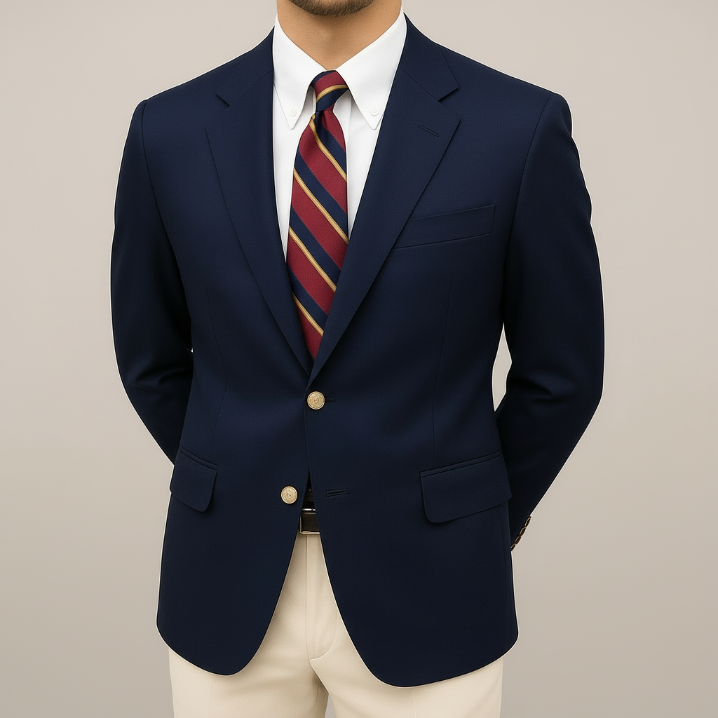 Men's tailored navy blazer jacket for spring. Sharp, versatile, smart casual style. Lightweight and sophisticated men's outerwear.