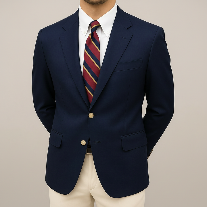 Men's tailored navy blazer jacket for spring. Sharp, versatile, smart casual style. Lightweight and sophisticated men's outerwear.