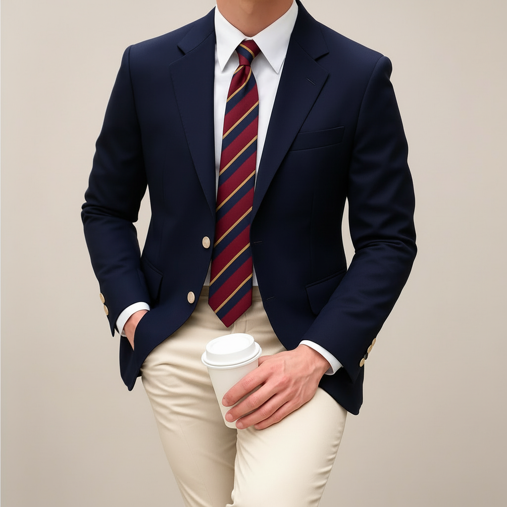 Close-up of a men's navy tailored blazer, perfect for business casual and office wear. Lightweight spring jacket.