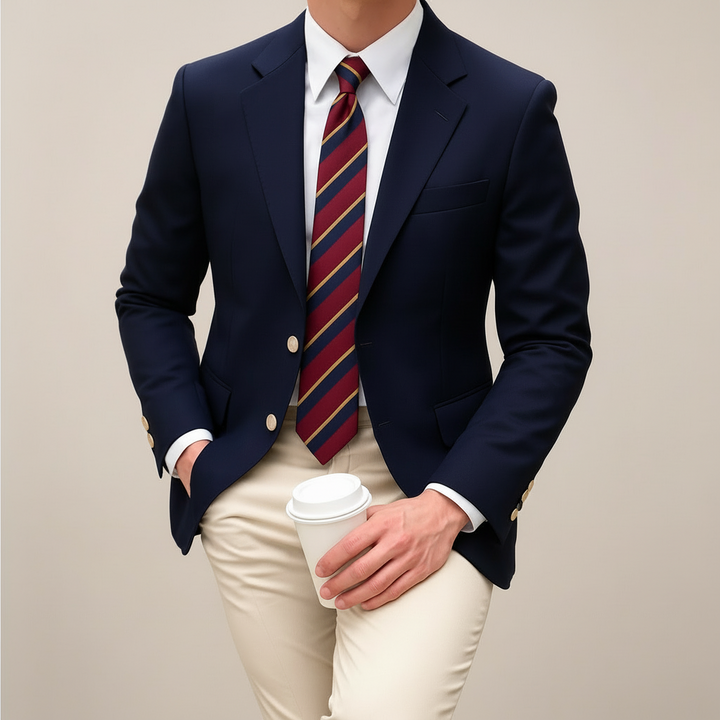 Close-up of a men's navy tailored blazer, perfect for business casual and office wear. Lightweight spring jacket.