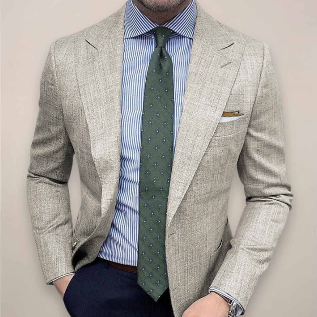 Men's tailored spring blazer with unique texture. Perfect for smart casual or business casual looks. Modern menswear.