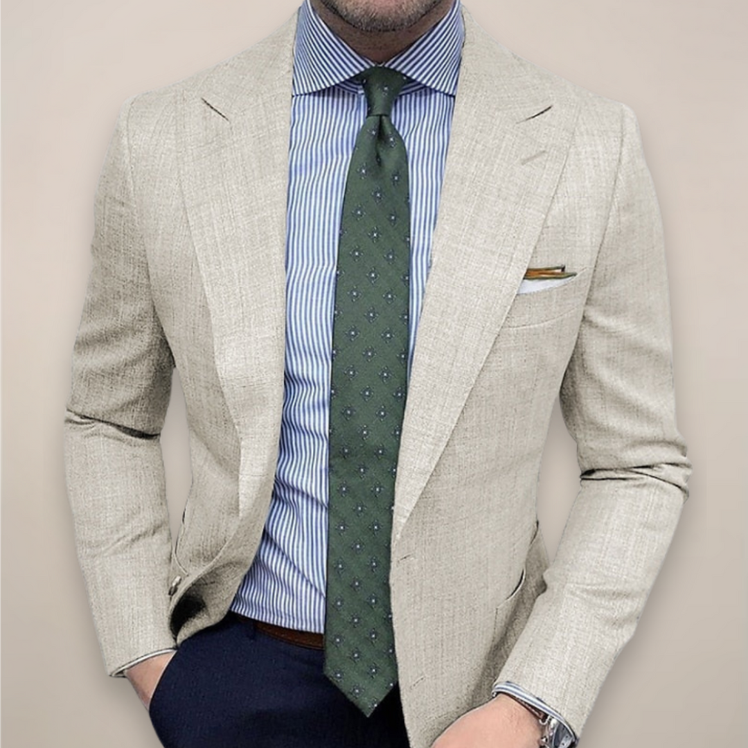 Modern men's textured blazer for spring. Tailored fit offers smart casual style & comfort. Great for versatile outfits.