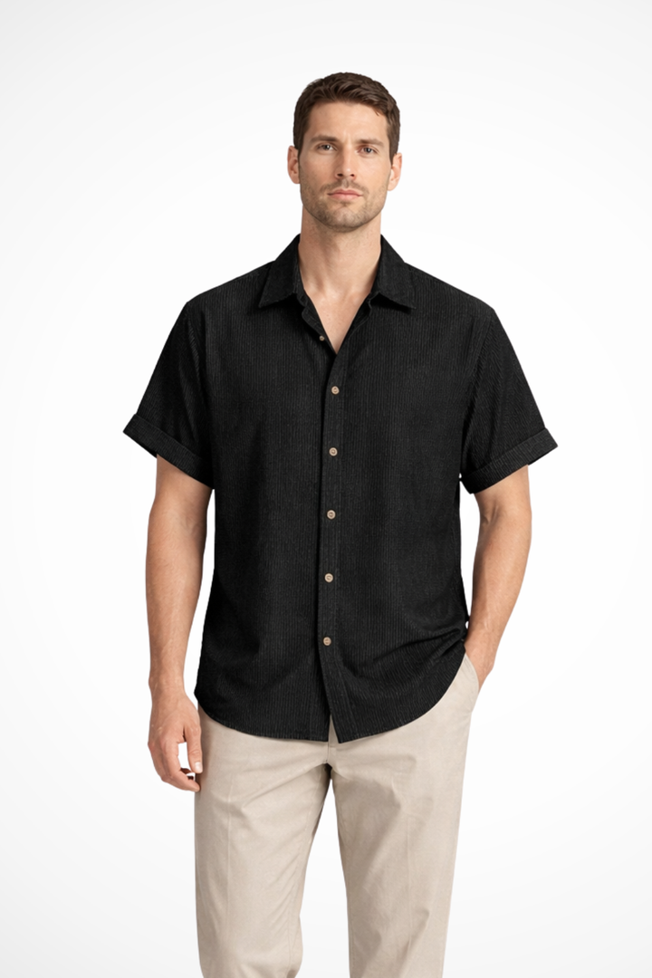 Men's textured short sleeve button-down camp collar shirt, ideal for casual summer style.