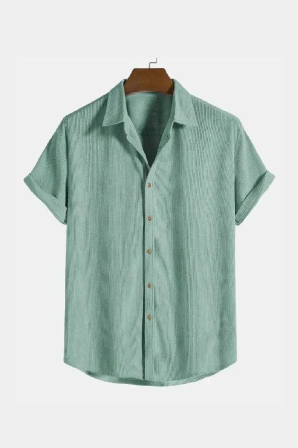 Casual men's textured short sleeve shirt with a camp collar and button-down front, great for summer fashion.