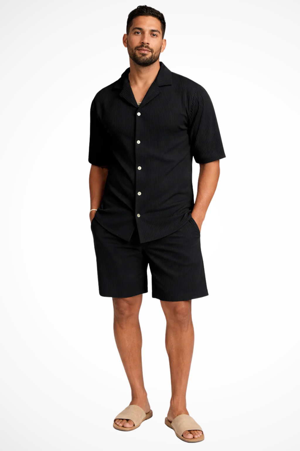 Men's textured short-sleeve button-up shirt & matching shorts summer outfit set, perfect for casual wear.