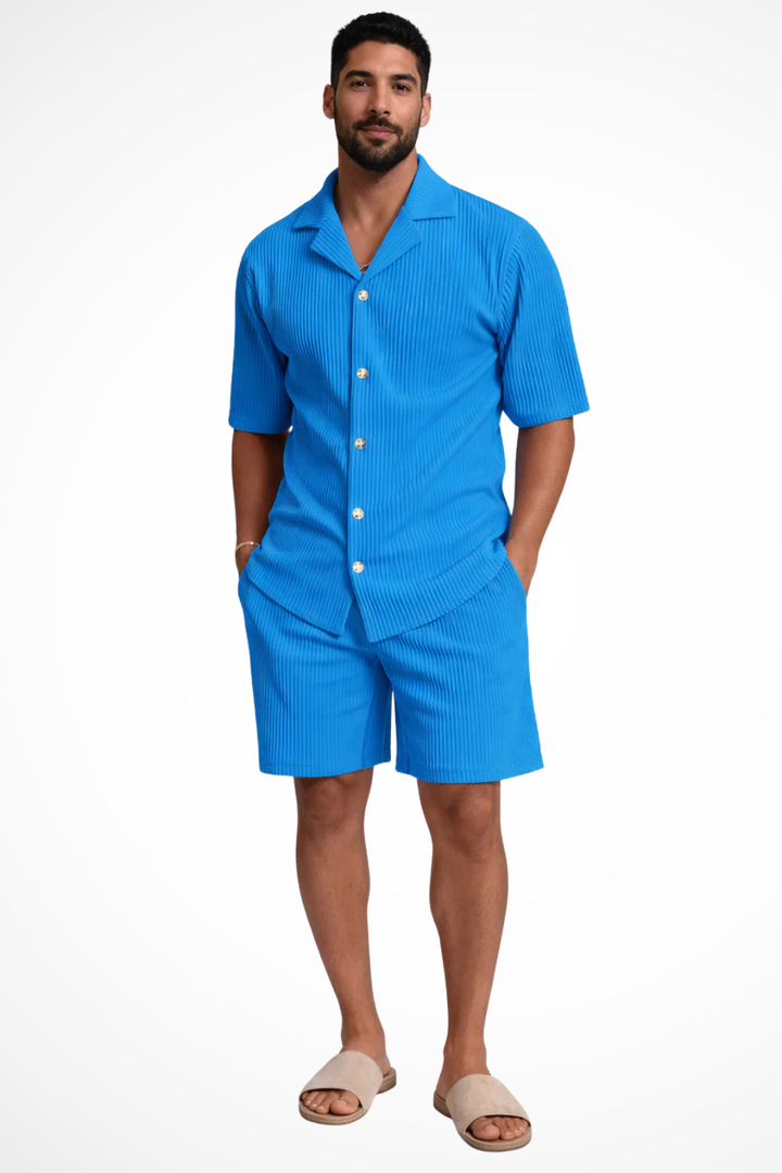 Relaxed fit men's textured two-piece summer set: short-sleeve shirt & matching shorts. Ideal for resort wear.