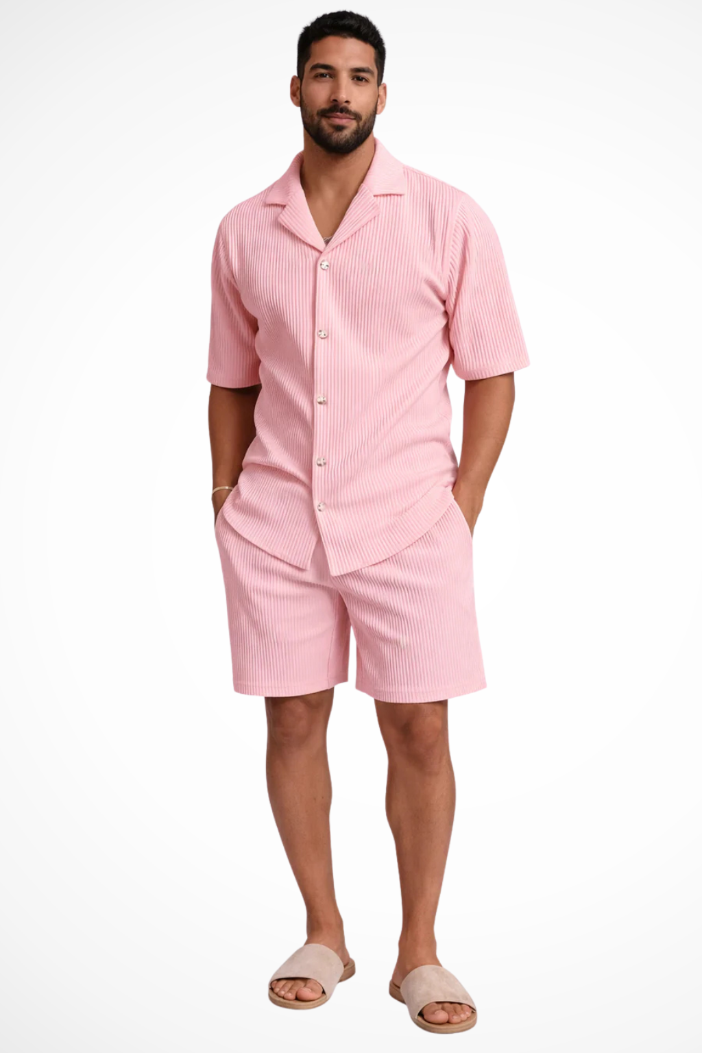 Stylish men's textured summer outfit set. Short-sleeve button-up shirt & comfortable shorts, great for beachwear.