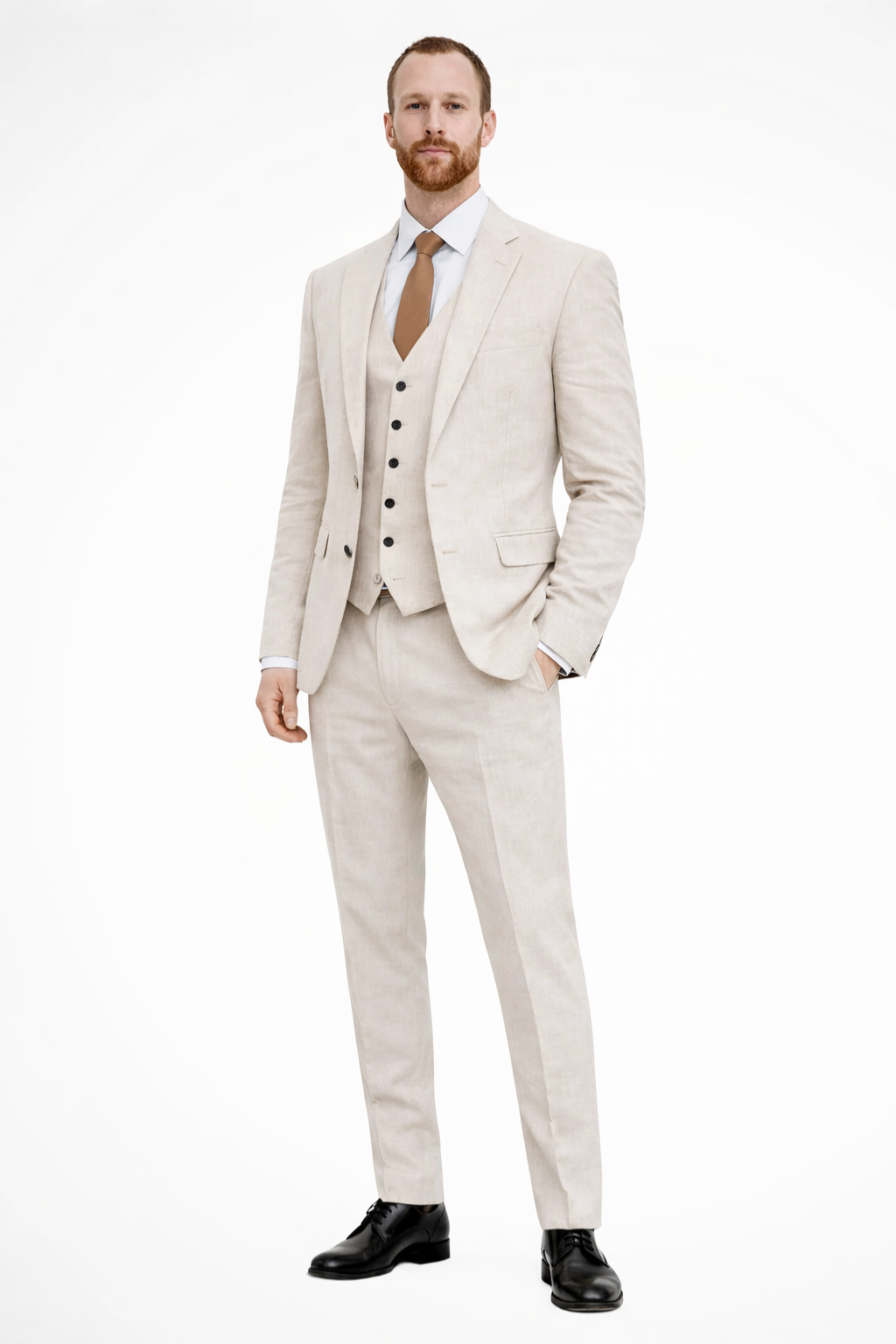 Elegant men's three-piece wedding guest suit set. Formal tailored blazer, trousers & waistcoat for special occasions.
