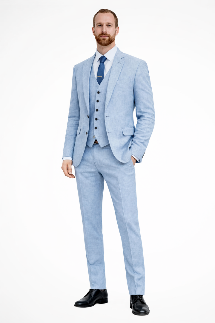 Sophisticated men's three-piece suit set: tailored blazer, matching trousers, and waistcoat for formal events.