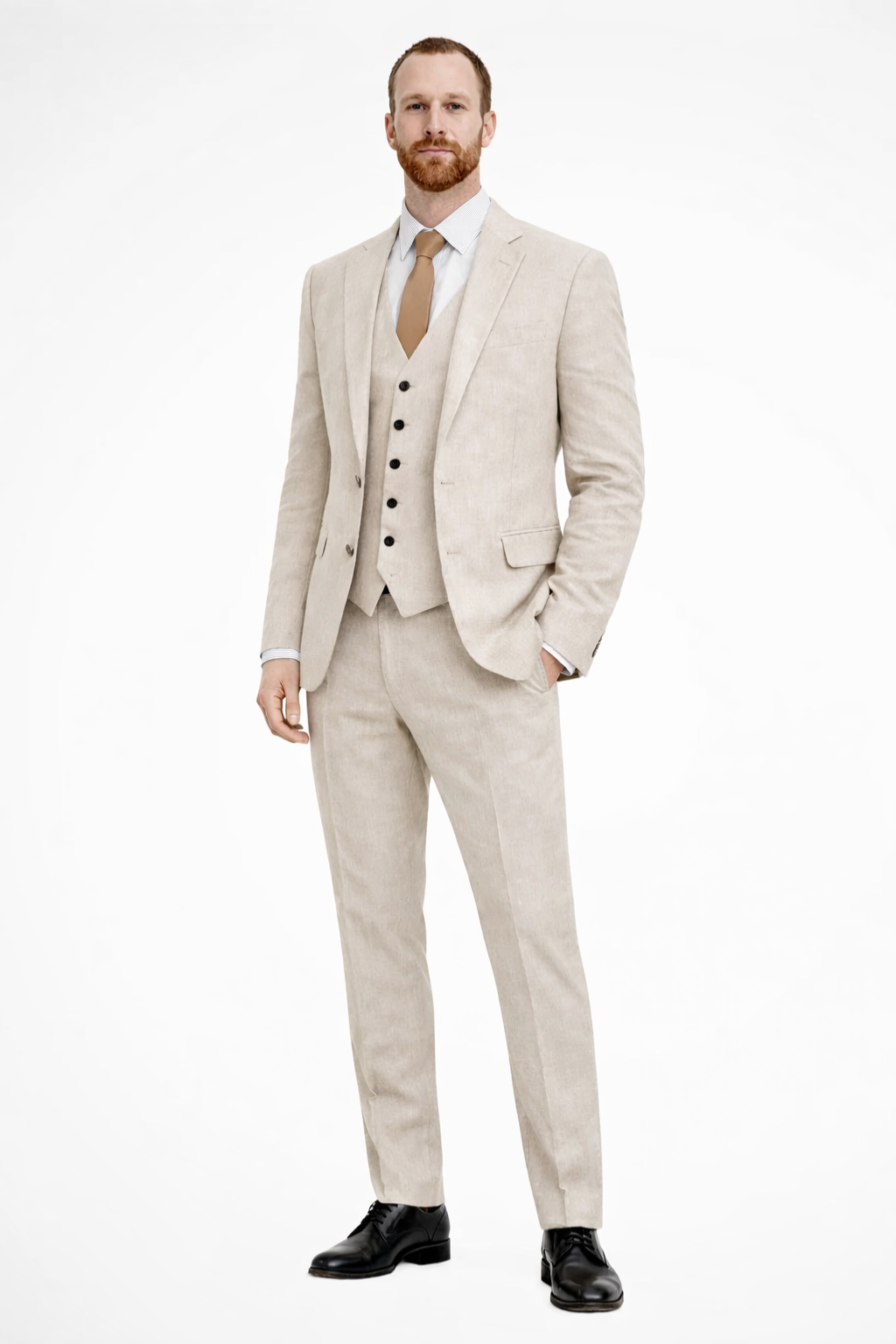 Modern men's fashion three-piece suit set with a sleek blazer, trousers, and waistcoat, perfect for weddings.