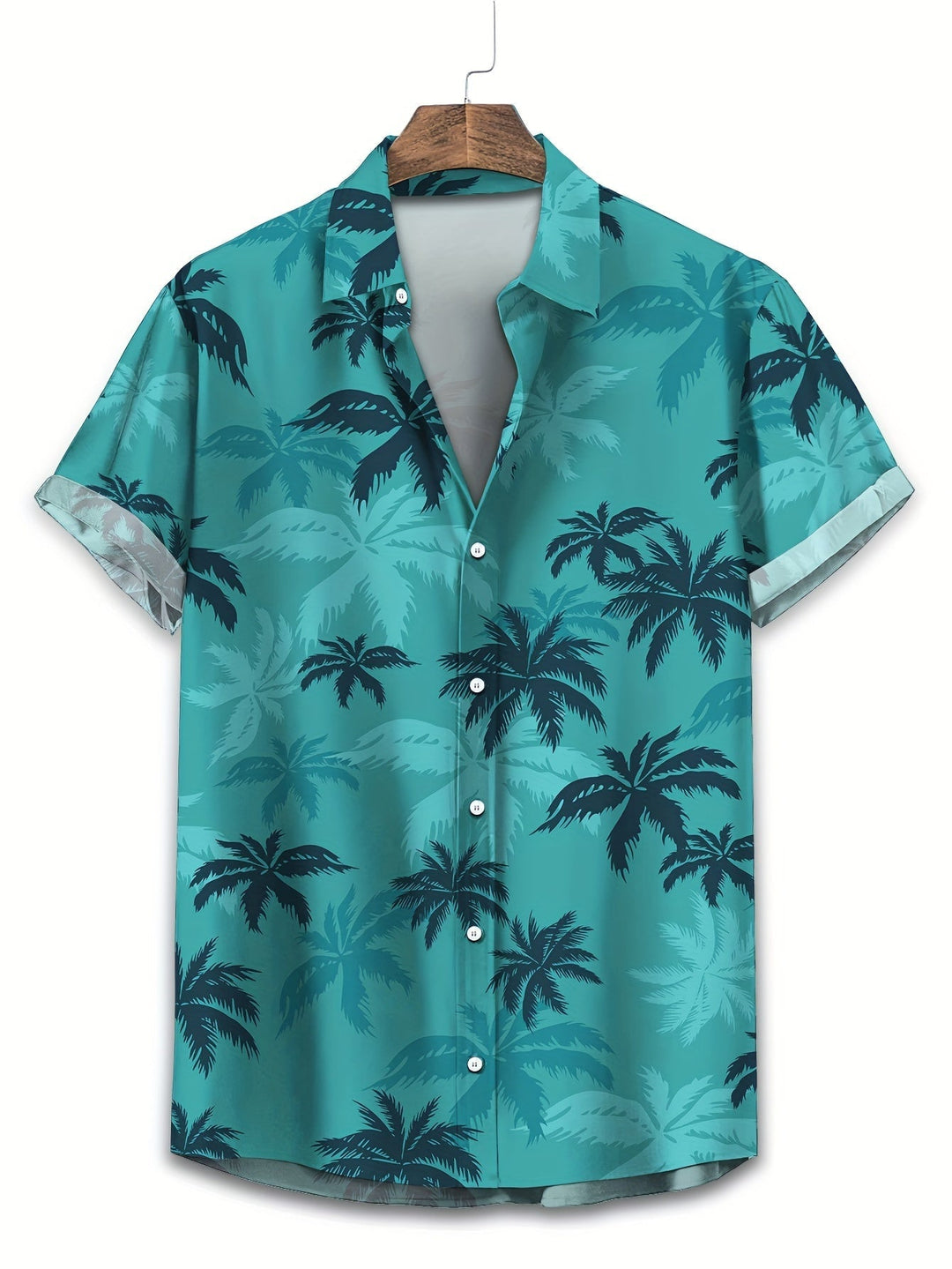 Men's tropical palm tree print short sleeve shirt, ideal for casual summer beachwear & vacations.