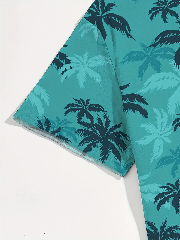 Men's short sleeve tropical palm tree print shirt for summer vacations, beach trips & casual wear.