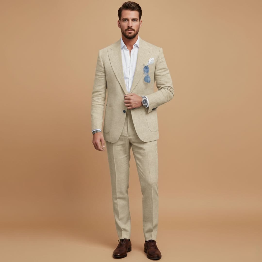 Dapper men's two-piece suit with a smart notch lapel blazer, ideal for formal wear and special events.
