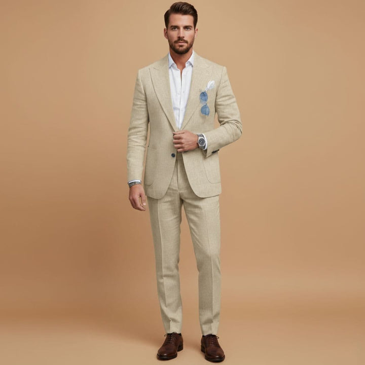 Dapper men's two-piece suit with a smart notch lapel blazer, ideal for formal wear and special events.