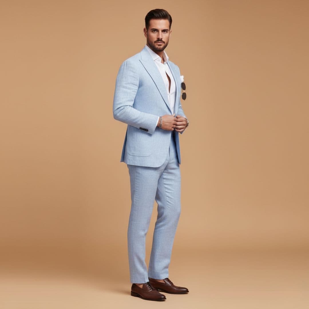 Elegant men's formal two-piece suit, featuring a classic notch lapel blazer and matching trousers.