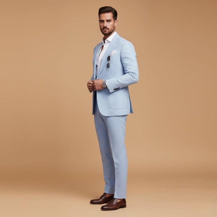Premium men's formal wear: a two-piece suit with a sophisticated notch lapel blazer & matching pants.