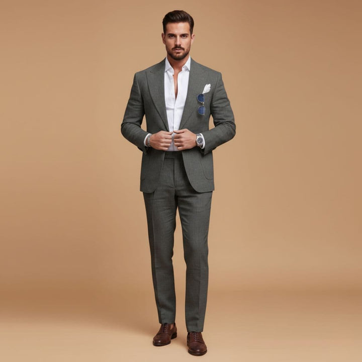 Sharp men's business attire: a two-piece suit with a finely tailored notch lapel blazer & trousers.
