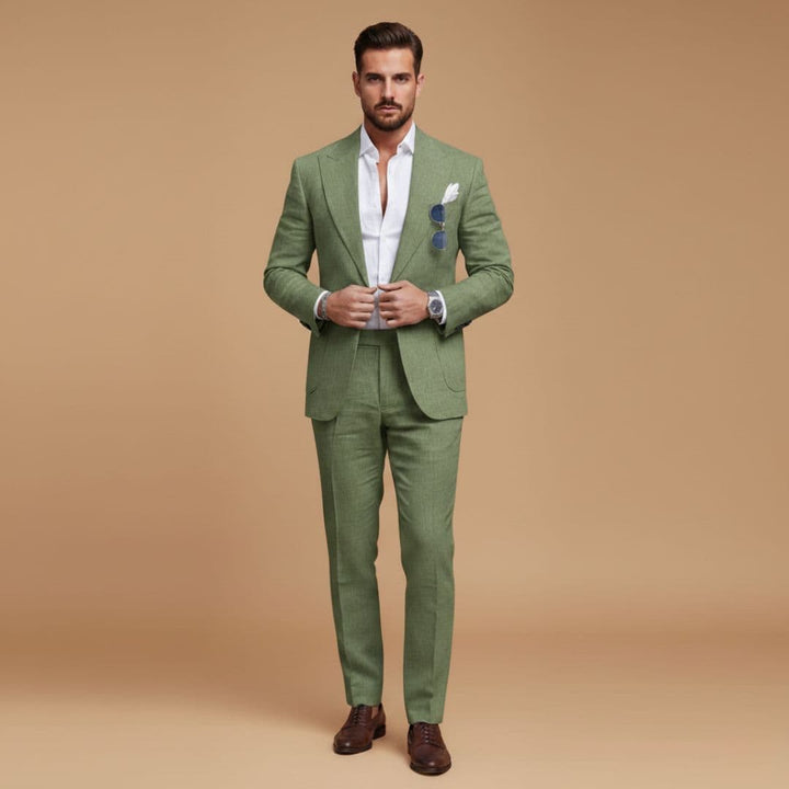 Versatile men's formal suit with a timeless notch lapel blazer and tailored trousers for any event.