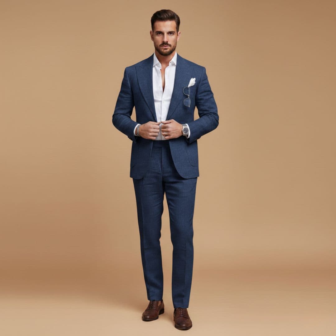 Complete men's formal two-piece suit, including a sophisticated notch lapel blazer & dress pants.