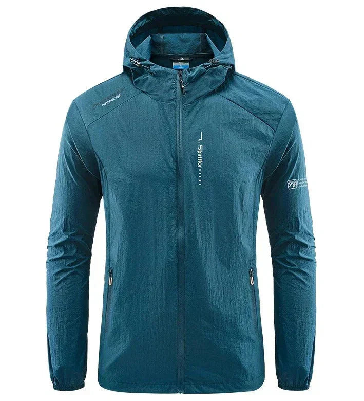 Men's ultra-lightweight hooded summer jacket, windproof & sun-resistant for outdoor activities.