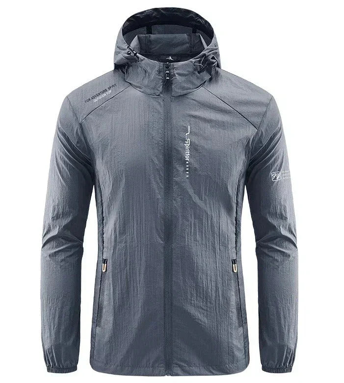 Durable men's hooded jacket offering sun resistance & wind protection, ideal lightweight outerwear for summer.