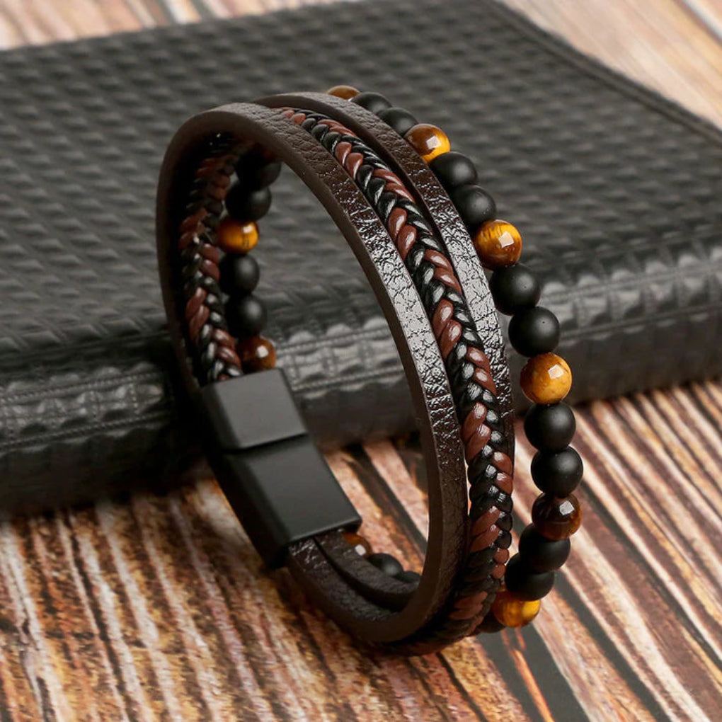 Men's urban style layered leather and stone bead bracelet with magnetic clasp, perfect for daily wear.