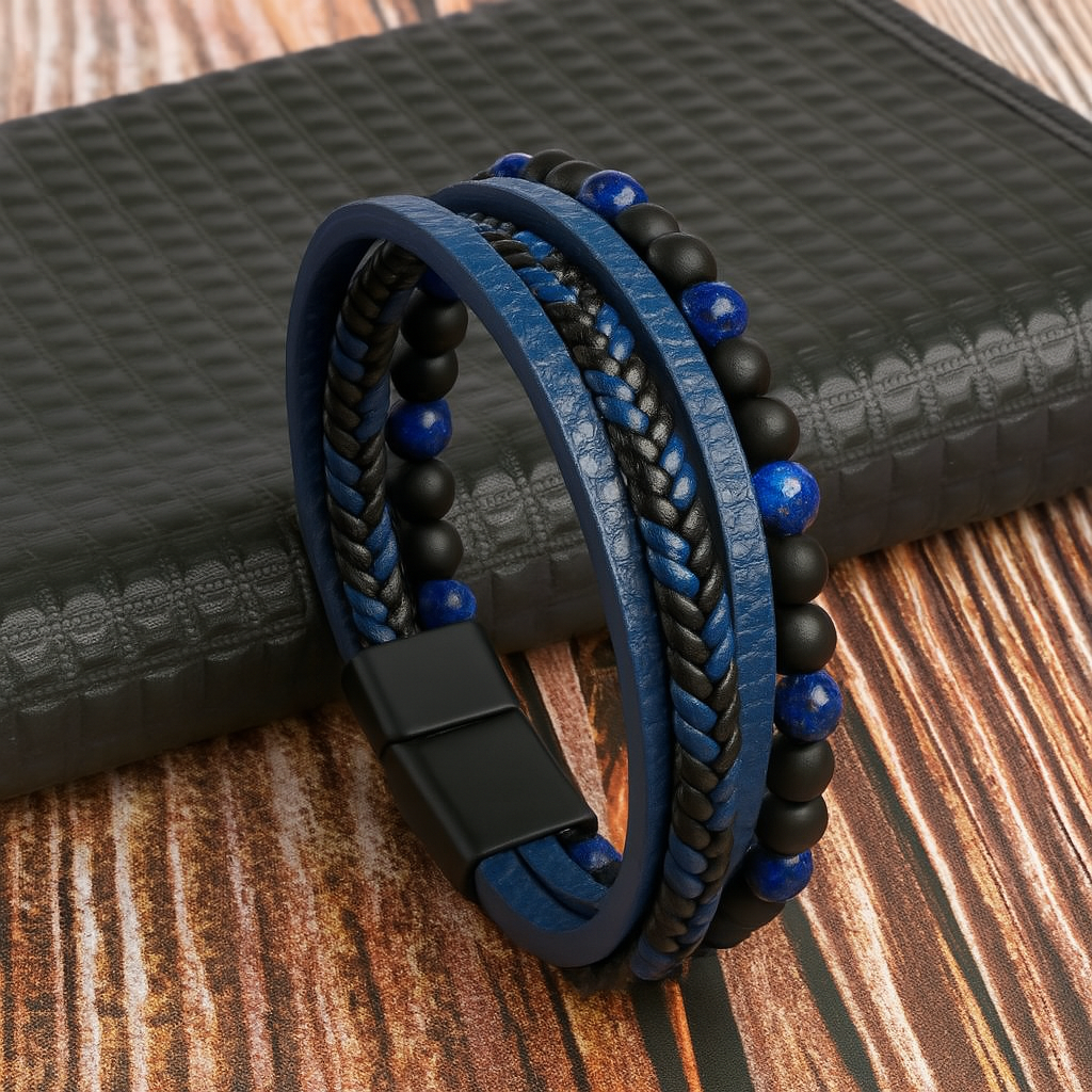 Stylish men's fashion accessory: layered leather and stone bead wristband, ideal gift for him.
