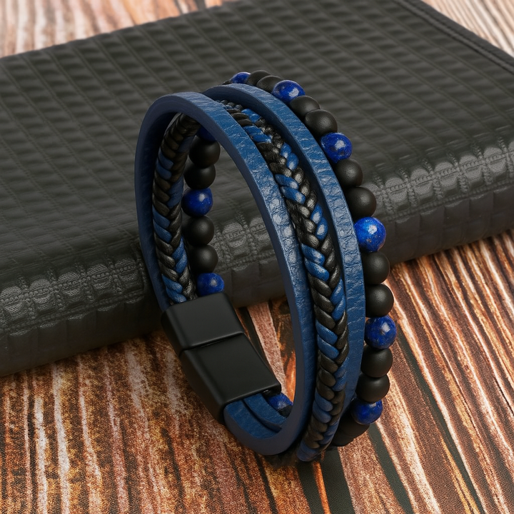 Stylish men's fashion accessory: layered leather and stone bead wristband, ideal gift for him.