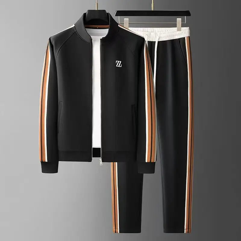 Modern men's urban two-piece tracksuit, full zip jacket & matching joggers. Trendy casual and athletic wear.