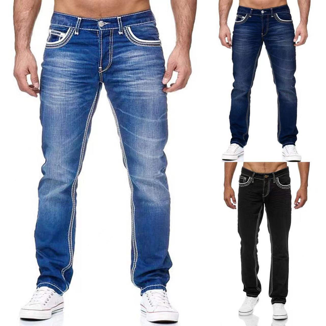 Men's used-style slim fit jeans with striking contrast stitching for a rugged, casual look.