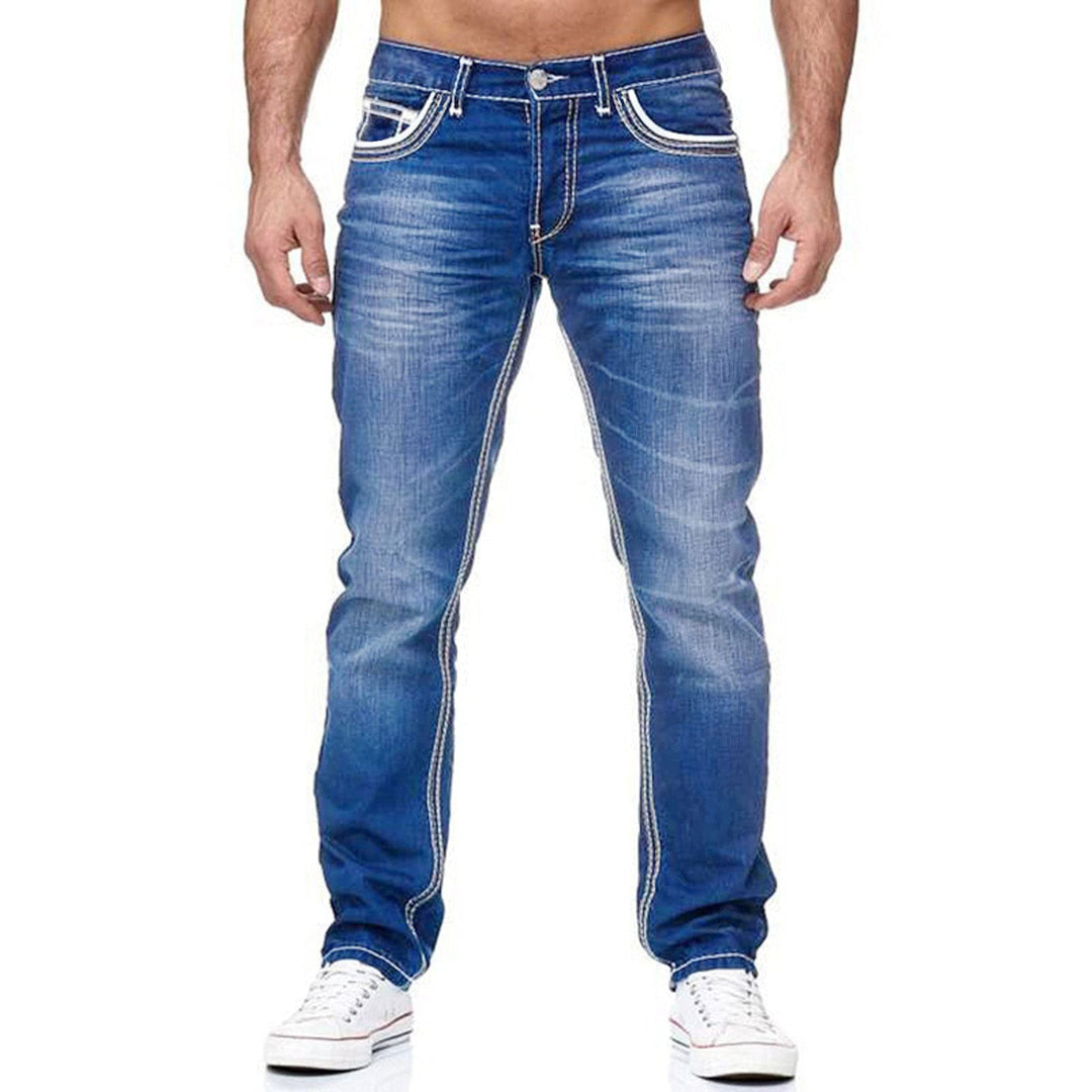 Slim fit men's jeans, used-style wash, featuring bold contrast stitching for modern casual wear.